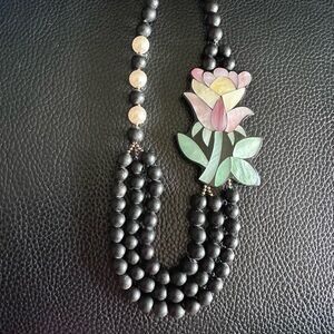 183- Lee Sands Vintage Inlay, Elegant Black Beaded Necklace with Floral Pendant
